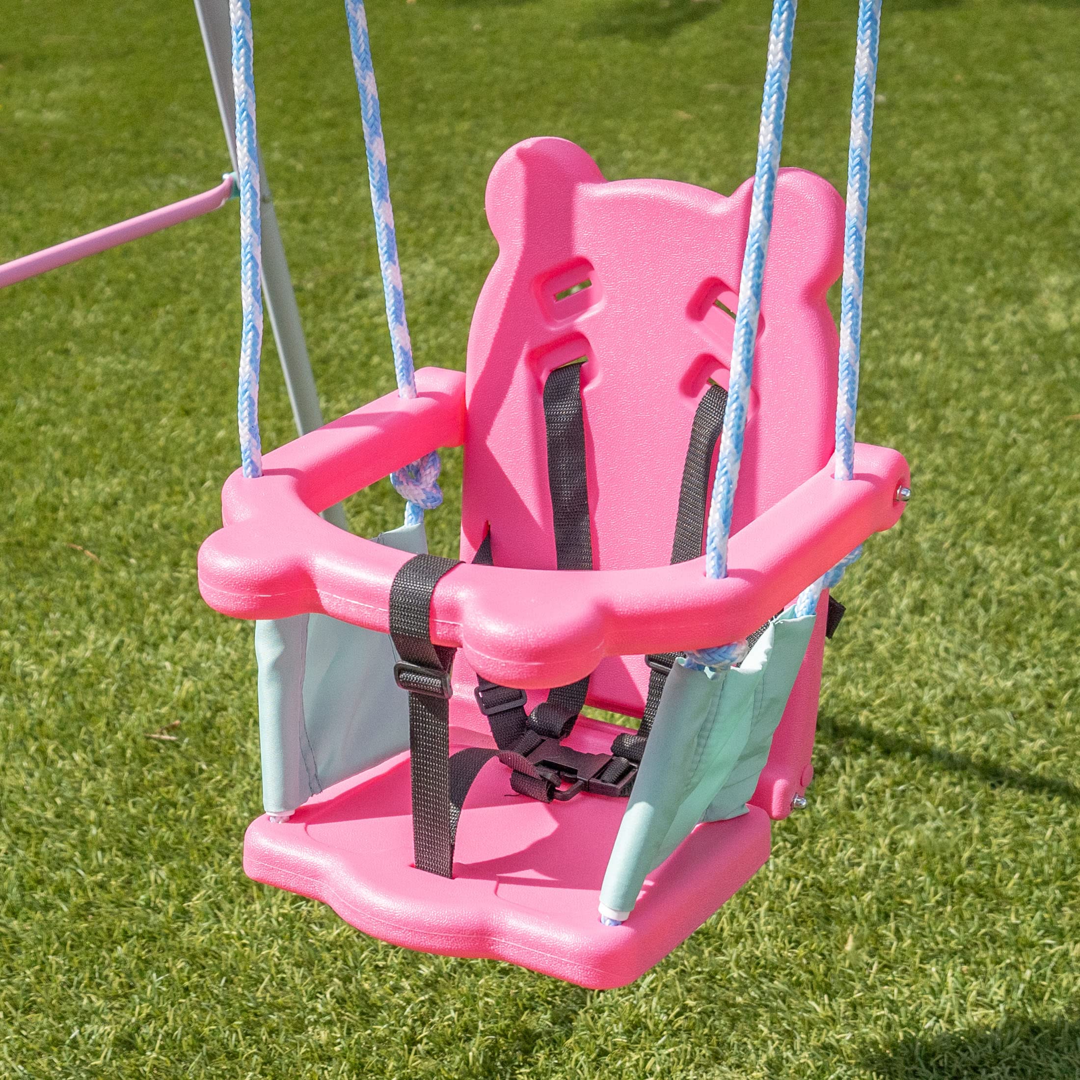 Sportspower FNS-003 My First Toddler Swing: Heavy-Duty Baby Indoor/Outdoor Swing Set with Safety Harness, Capacity - 50 lbs and Ages 9-36 Months, Pink/Pale Green