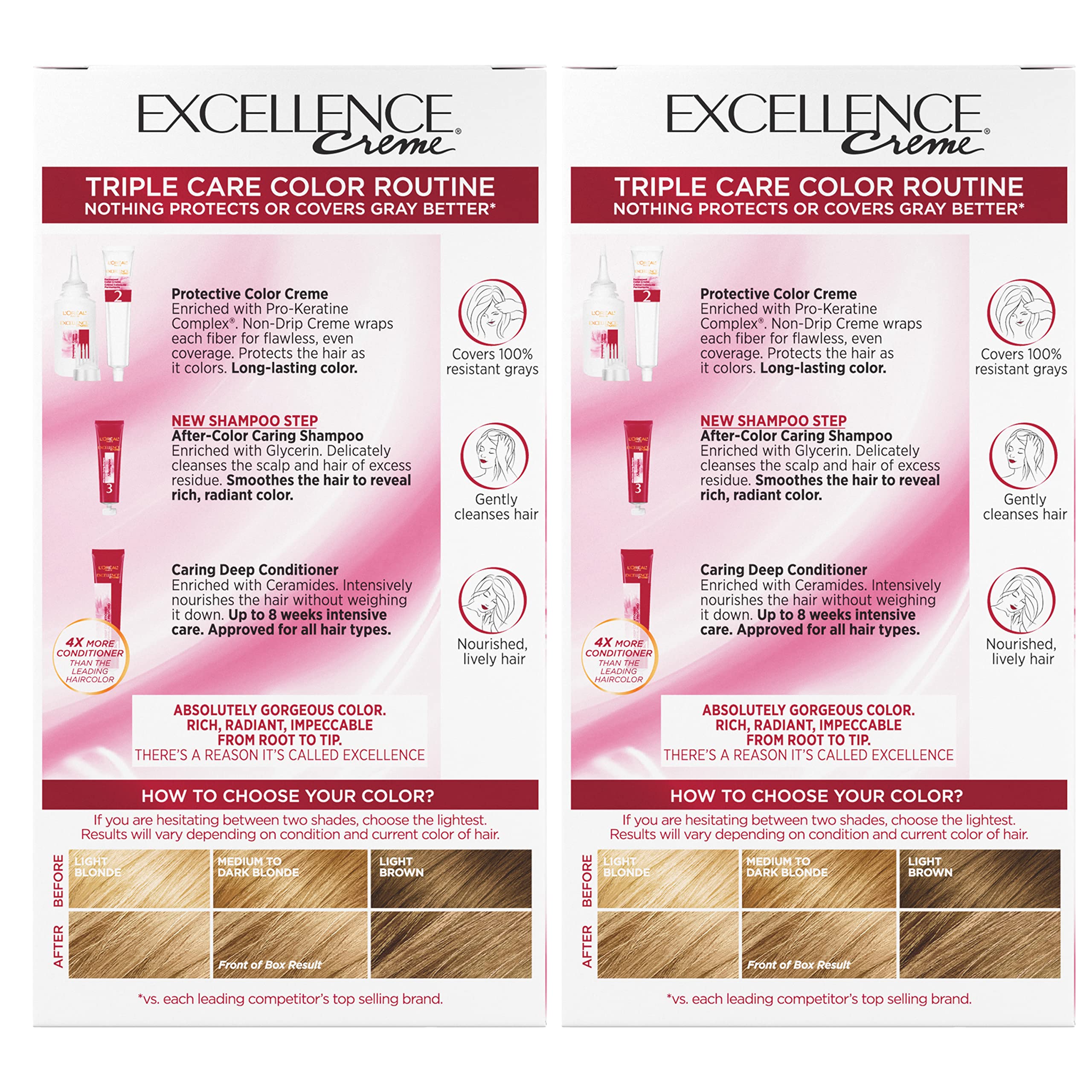 L'Oreal Paris Excellence Creme Permanent Hair Color, 8 Medium Blonde, 100 percent Gray Coverage Hair Dye, Pack of 2