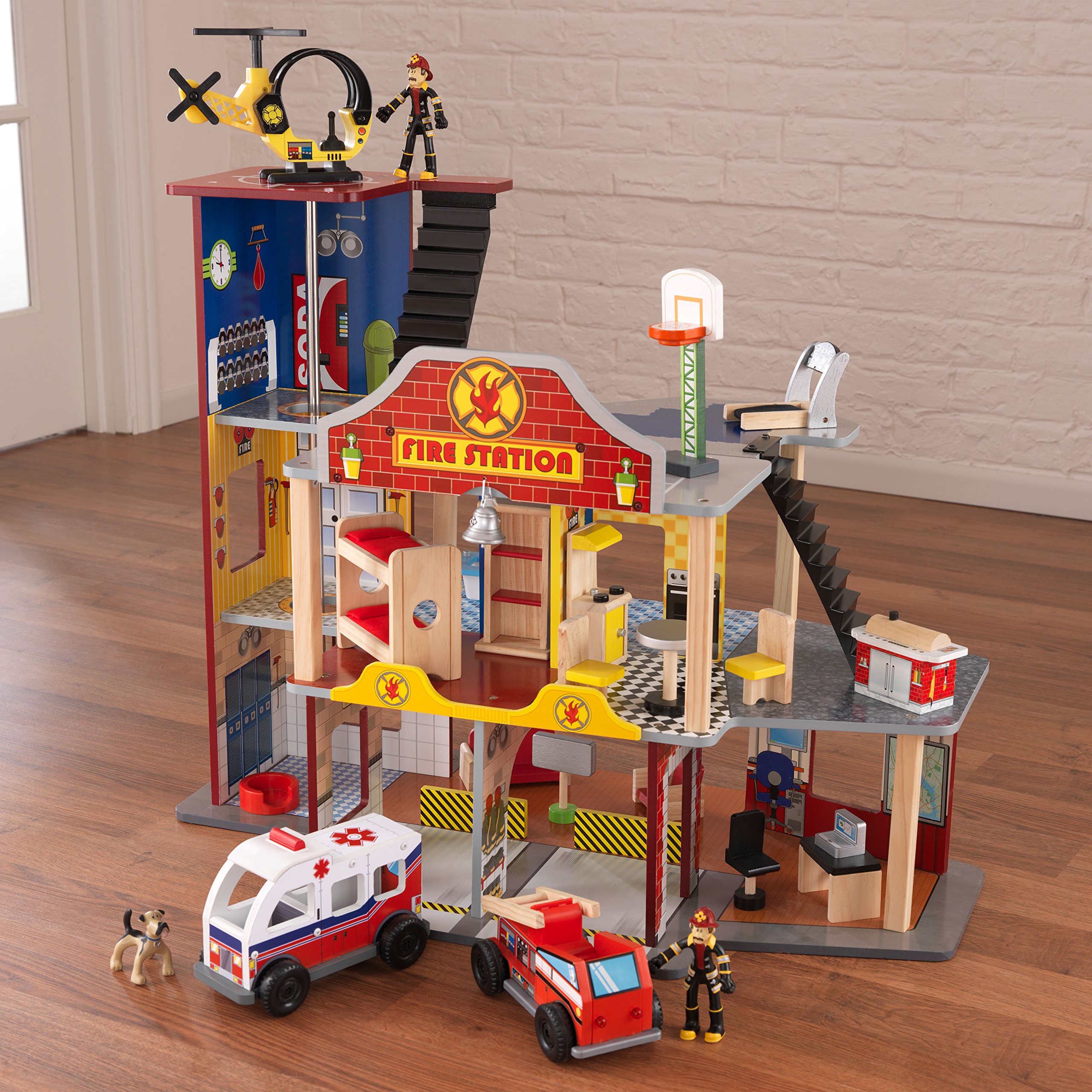 KidKraft Deluxe Wooden Fire Rescue Play Set with Ambulance, Fire Truck, Helicopter, Firefighters, 27 Pieces, Gift for Ages 3+