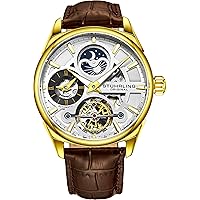 Stuhrling Original Skeleton Dress Analog Watch for Men, Automatic Mechanical Wristwatch, Gold Plated/Stainless Steel, Genuine Calfskin Leather Band (Gold-A)