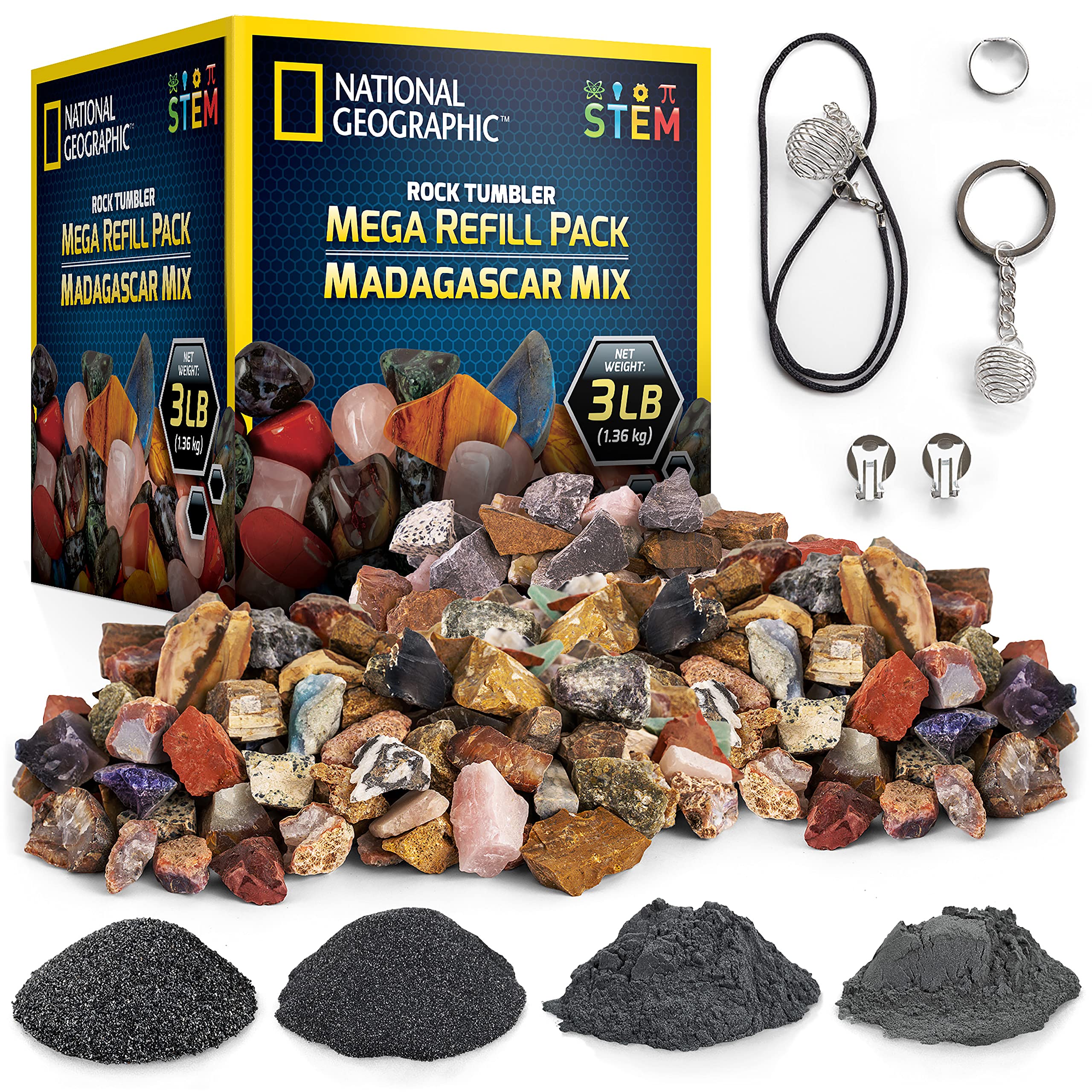 NATIONAL GEOGRAPHIC Rock Tumbler Refill Kit - 3 lbs. Rough Madagascar Rocks for Tumbling including Unpolished Jasper and Quartz - Rock Tumbler Supplies include Rock Tumbler Grit & Jewelry Accessories