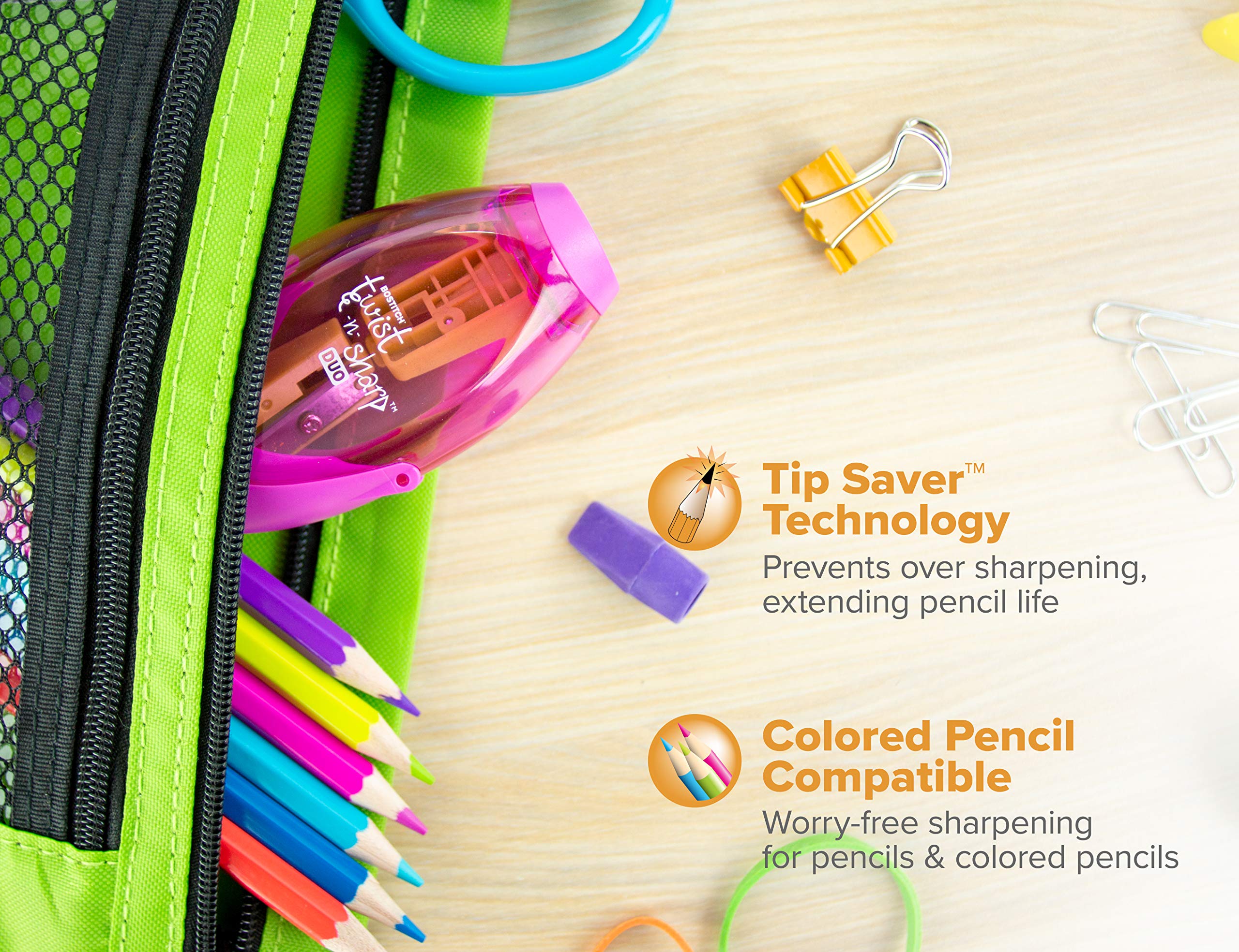 Bostitch Office Twist-N-Sharp Manual Pencil Sharpener, Double Hole, 3-Pack, Blue, Orange, Pink, (PS2-ASST-3PK)