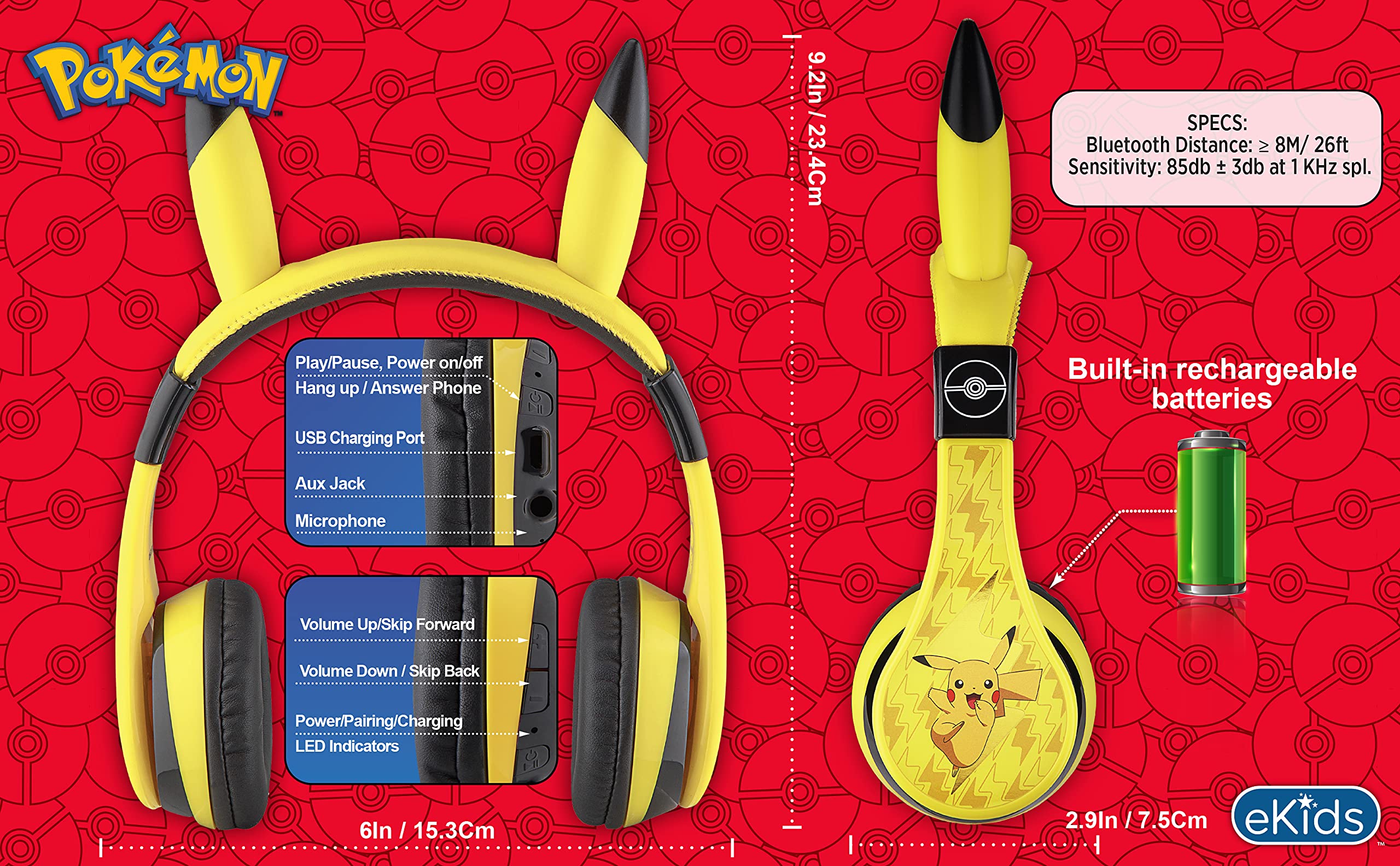eKids Pokemon Kids Bluetooth Headphones, Wireless Headphones with Microphone Includes Aux Cord, Volume Reduced Kids Foldable Headphones for School, Home, or Travel,Yellow