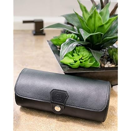 CASE ELEGANCE Classic Black Vegan Faux Leather Watch Roll Organizer