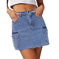 Denim Mini Skirt, High Waisted Jean Cargo Short Skirts for Womens with Pockets