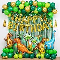 Dinosaur Birthday Party Decorations&Balloons Arch Garland Kit(Gold,Green),Dinosaurs Balloons,HAPPY BIRTHDAY Balloons,Curtains,for Dino Themed Kid's Party,Shower,Celebration.