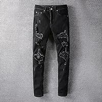 Mens Leather Ripped Jeans Casual Fashion Black Designer Jeans Plus Size Trousers,Black,31