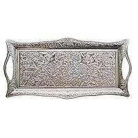 Metal Serving Tray with Raised Edges, Vintage Design Tray, Rectangular Metal Serving Tray, Decorative Serving Platter, Turkish Ottoman Coffee Tea Beverage Serving Square Tray (Silver)