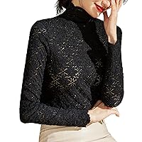 Hollow Out Lace Tops for Women, Fashion Sexy Mock Neck Long Sleeve Patchwork Soft Blouses Elegant Formal Work Shirts