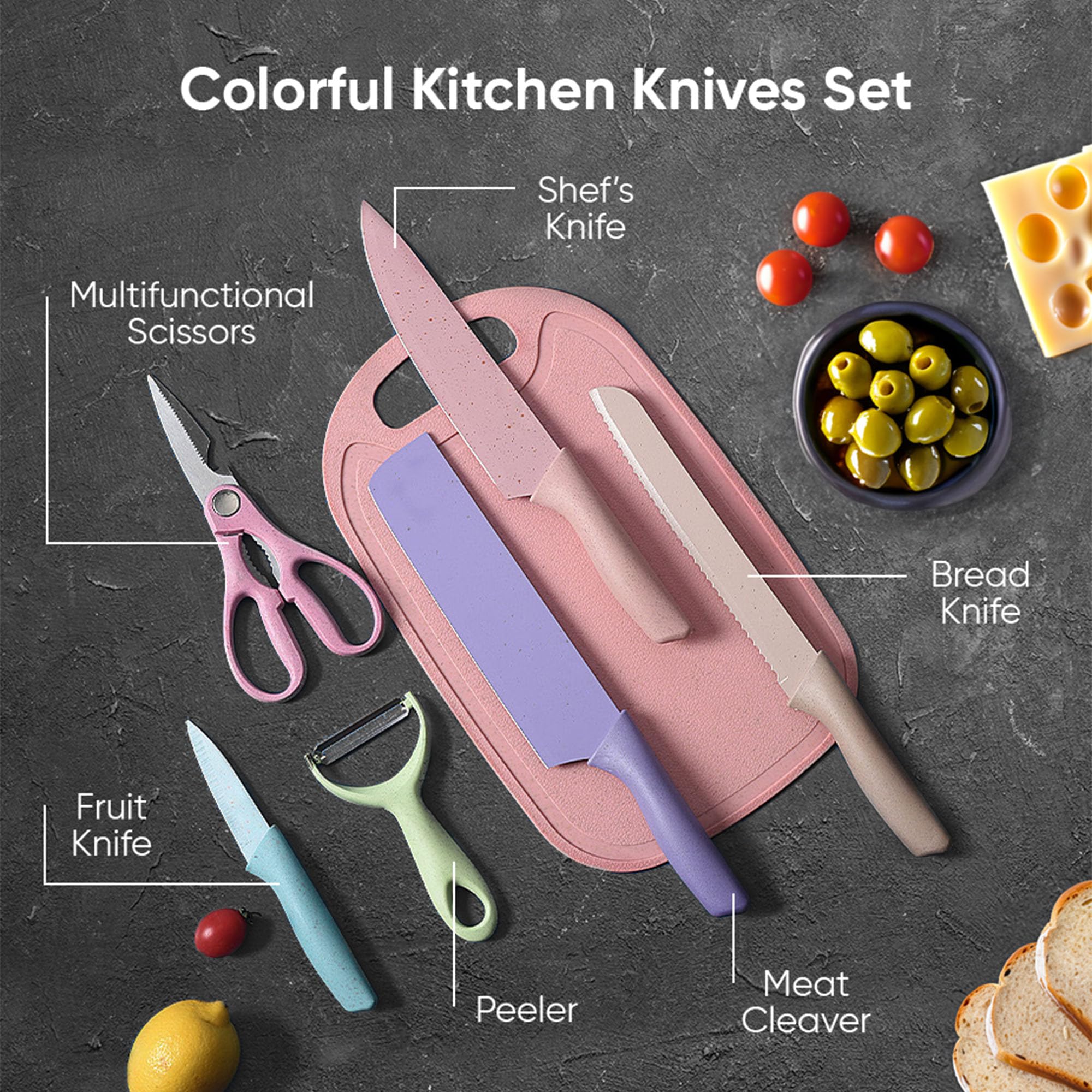 Colorful Kitchen Knife Set of 6 Pcs - Premium Quality, Dishwasher Safe, Carbon Steel Pastel Chef Knives Set without Block - Ideal for Camping and Kitchen Use, Cutting Board