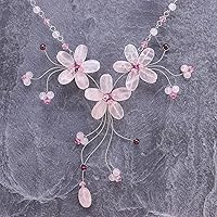 NOVICA Handmade Rose Quartz Garnet Choker Floral Beaded Necklace Stainless Steel Glass Pink Red Y Thailand Birthstone 'Floral Cascade'