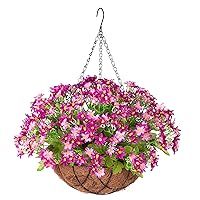 Artificial Flowers with Hanging Basket for Home Courtyard,6 Branches Silk Daisy FlowersFake Plant Arrangement in12 inch Coconut Lining Basket for Outdoors Indoors Spring Decor(Violet)