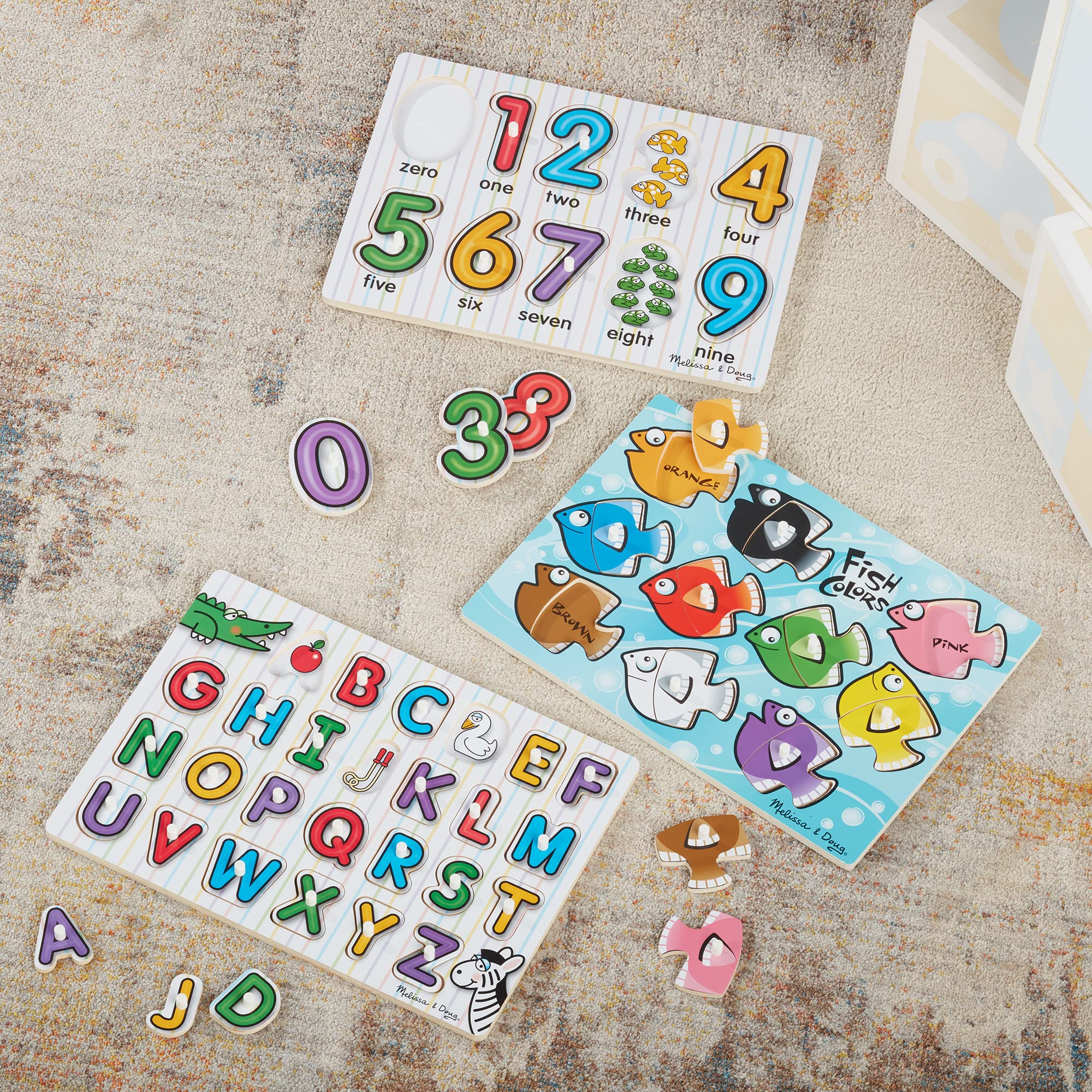 Melissa & Doug Classic Wooden Peg Puzzles (Set of 3) - Numbers, Alphabet, and Colors - Toddler Learning Toys, Alphabet And Numbers Puzzles For Kids Ages 3+