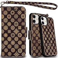 iPhone 11 Case Wallet Leather Detachable, Wireless Charging Compatible, with Tempered Glass and Wrist Strap, Magnetic Detachable Flip Folio Phone Cases for Apple iPhone 11 6.1 (Mandala 1)