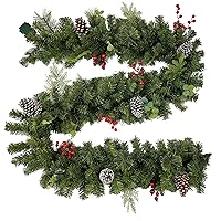 prelit Christmas Garland 9 ft with Lights - Red Style Pre lit Garland for Christmas Holiday Decorations. Thick Branch 230 Tips. 50 led Warm Yellow Lights| Pine Cones Dyed White| Red Berries