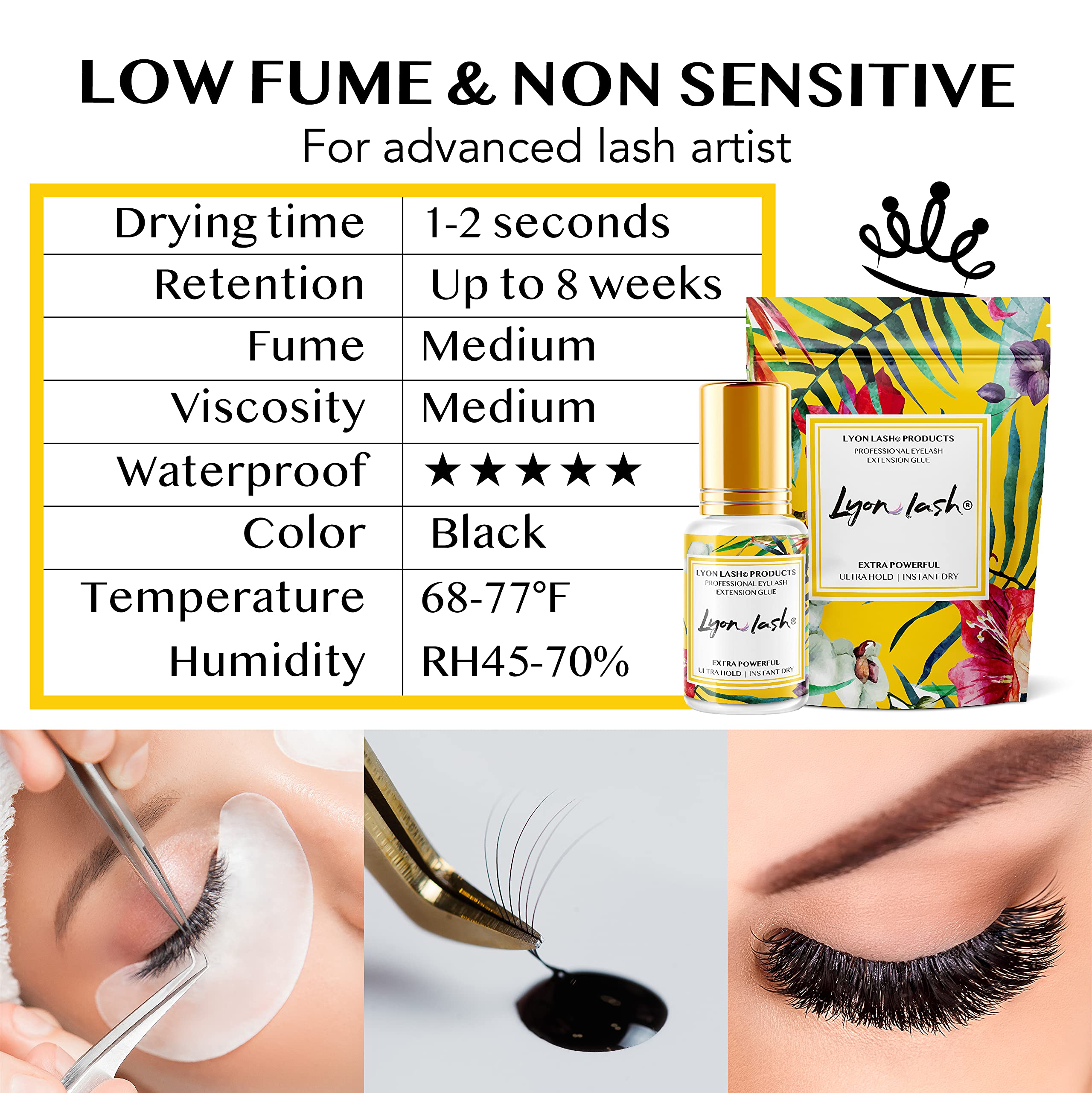 Extra Powerful Eyelash Extension Glue - Lyon Lash 5ml Performance Glue | 1-2 Sec Dry Time | 6-8 Weeks Retention | Black Adhesive Supplies for Professional Use