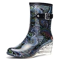 Odema Women's Ankle High Rain Boots Side Zipper Wedge High Heel Waterproof Shoes Winter Snow Wellies Bootie