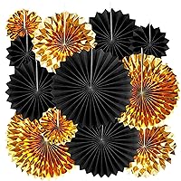 Black Gold Party Hanging Paper Fans - Wedding Anniversary Graduation 30th Birthday Bachelorette Retirement Christmas New Years Party Wall Hangings Photo Booth Backdrops Decorations, 12pc
