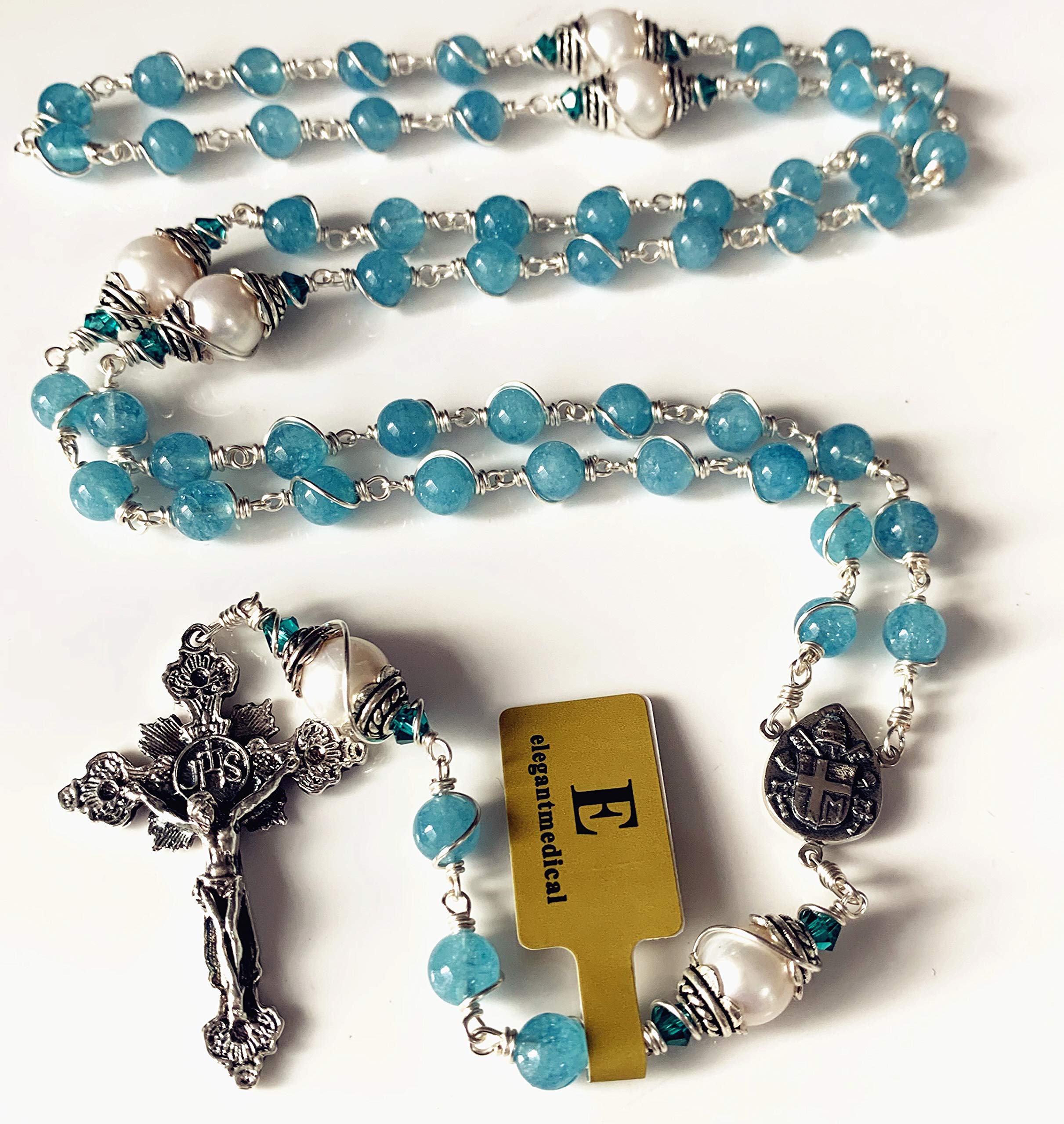 elegantmedical HANDMADE Sterling Silver Wire Wraped Aquamarine & AAA10MM Real Pearl BEADS 5 DECADE ROSARY Cross crucifix necklace