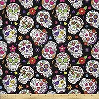 Ambesonne Sugar Skull Fabric by The Yard, All Souls Day Floral Colorful Sugar Skulls Flowers on Dark Background Print, Microfiber Fabric for Arts and Crafts Textiles & Decor, 1 Yard, Fuchsia