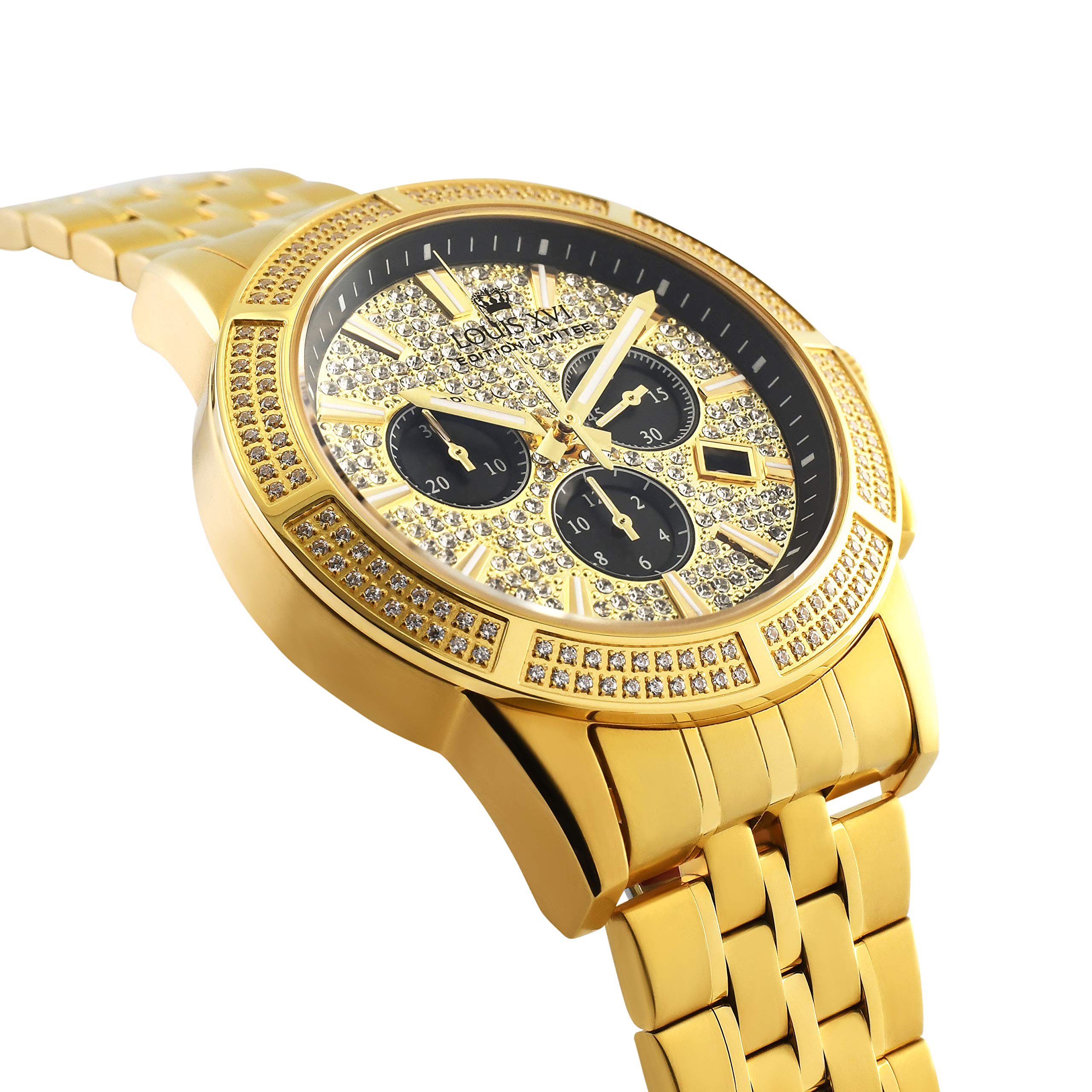 LOUIS XVI Herren-Armbanduhr Majesté Iced Out Stahlband Gold CZ-Diamanten Chronograph Analog Quarz Edelstahl 1037