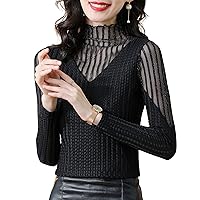 Knit Mesh Tops for Women, Fashion High Neck See Through Long Sleeve Hollow Out Patchwork Blouses Elegant Formal Work Shirts