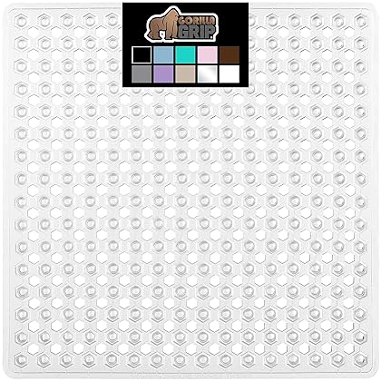 Gorilla Grip Patented Shower and Bathtub Mat, 21x21, Small Square Shower Stall Floor Mats with Suction Cups and Drainage Holes, Machine Washable and Soft on Feet, Bathroom Accessories, Clear