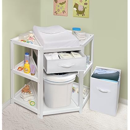 Badger Basket Corner Diaper Changing Table with Laundry Hamper, Storage Bin, and Contoured Pad for Baby - White