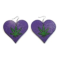 Heart Green Leaf Weed Marijuana Print Multicolor Wood Painted Fish Hook Fashion Jewelry Drop Dangle Earrings