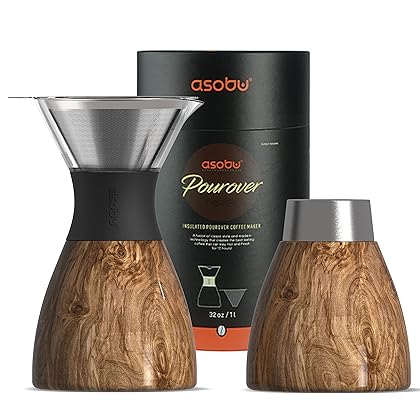 asobu Insulated Pour Over Coffee Maker (32 oz.) Double-Wall Vacuum, Stainless-Steel Filter and Take on the Go Carafe (Wood)