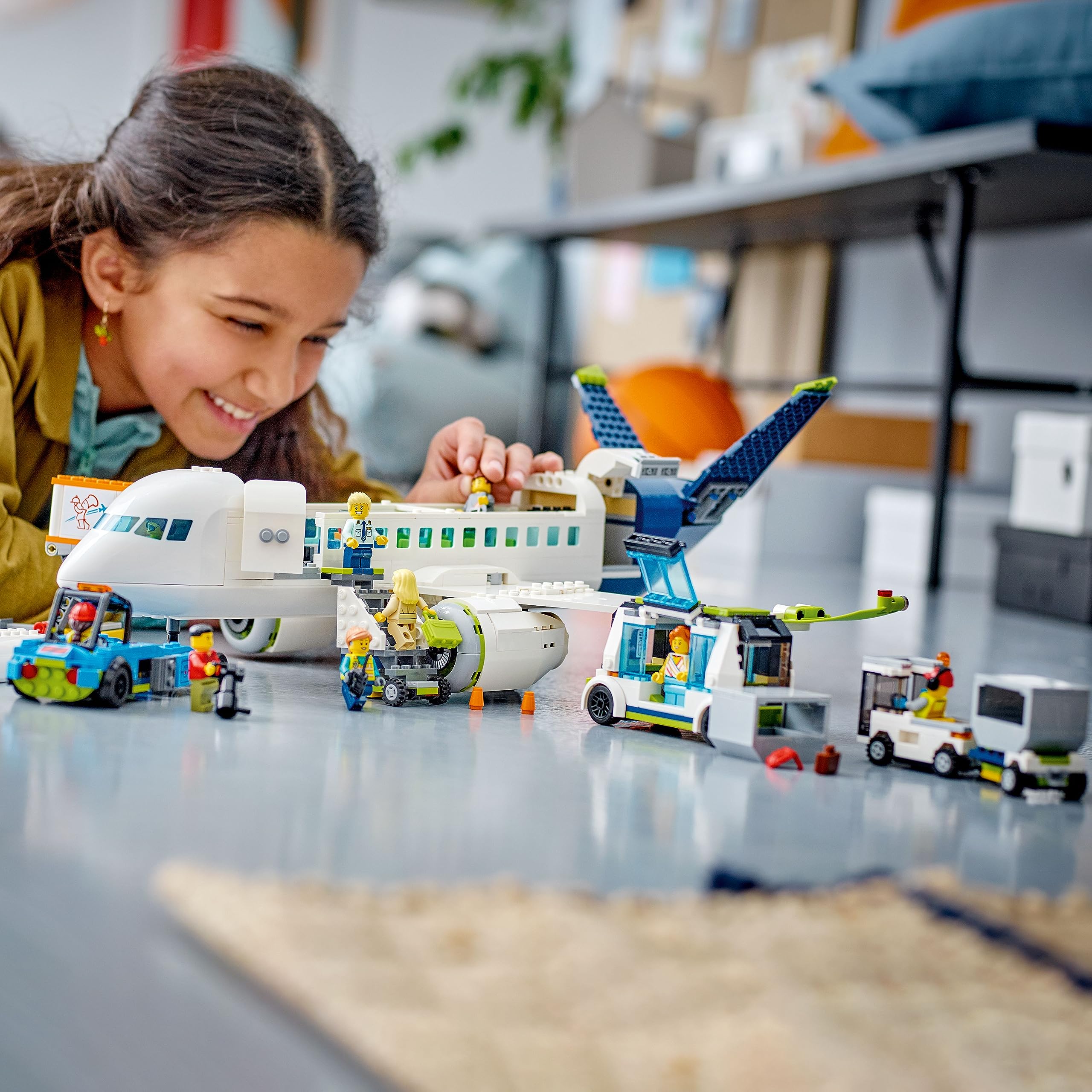 LEGO City Passenger Airplane 60367 Building Toy Set; Fun Airplane STEM Toy for Kids with a Large Airplane, Passenger Bus, Luggage Truck, Container Loader, and 9 Minifigures