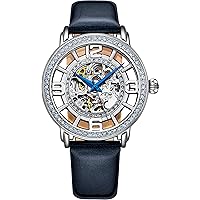 Stuhrling Original Womens Dress Watch with Blue Leather Strap - Skeleton Watch Self Winding Automatic Watches Mechanical Wrist Watches for Woman Ladies Watch Collection
