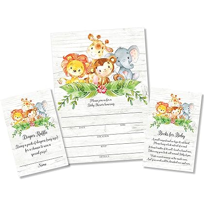 25 Sweet Safari Jungle Baby Shower Invitations and Envelopes (Large Size 5X7 inches), 25 Diaper Raffle Tickets, 25 Baby Shower Book Request Cards, Invites for Girl Boy Neutral Baby Showers Elephant