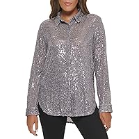 Calvin Klein Women's Sparkly Tunic Long Sleeve Sequin Mesh Oversize Blouse