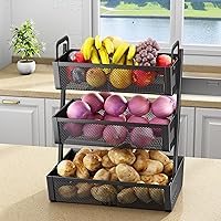 Fruit Basket Bowls For Kitchen Counter - Metal Fruit Stand with Handle - Kitchen Vegetables Bread Snacks Storage Organization, 3 Tier Black
