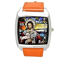 Taport® Square Quartz Watch with Orange Leather Strap + Spare Battery + Gift Pouch, Strap.