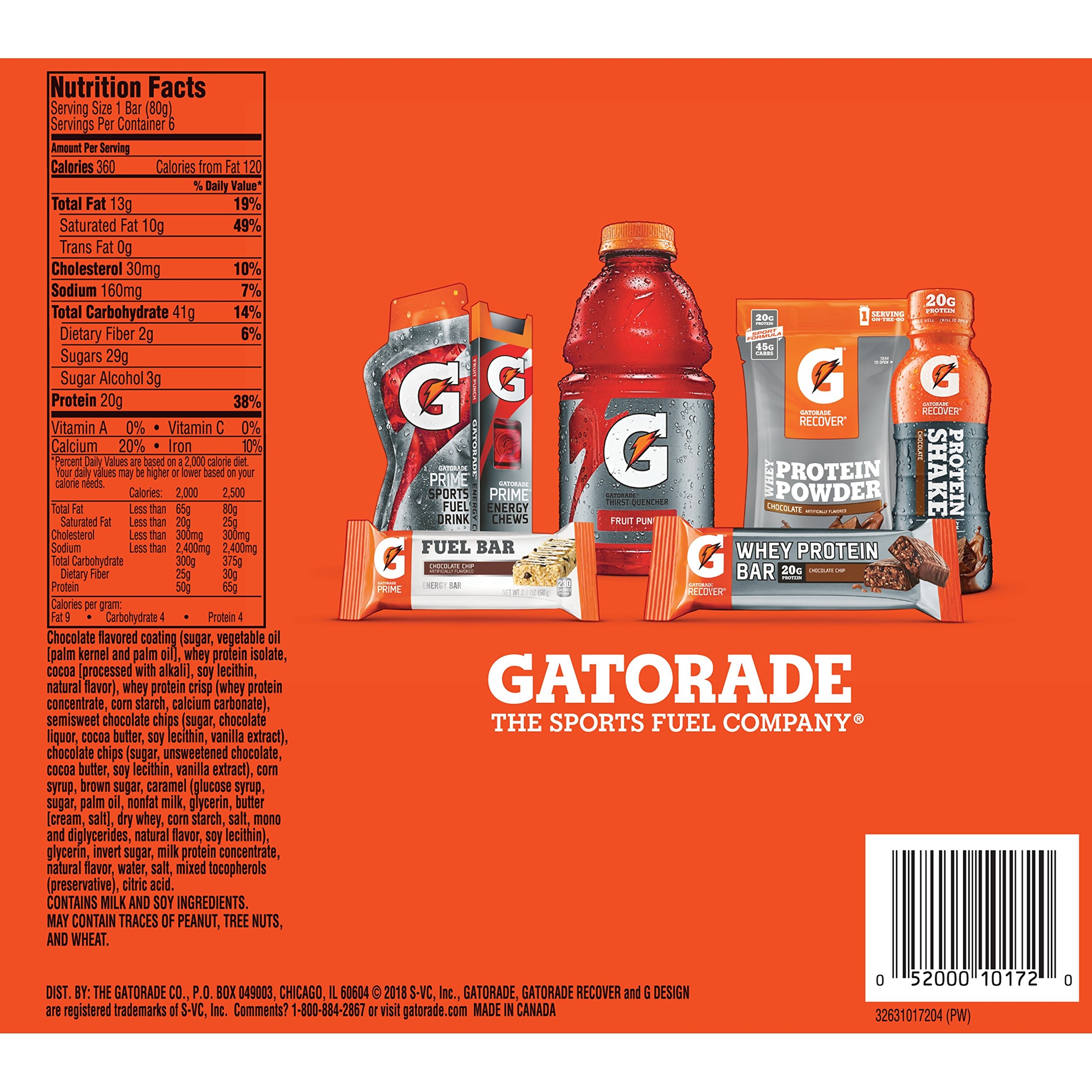 Gatorade Whey Protein Bars, Variety Pack, 2.8 oz bars (Pack of 18) & Whey Protein Recover Bars, Chocolate Chip, 2.8 ounce bars (12 Count)
