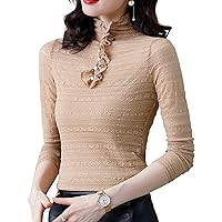 Women's Casual Lace Tops Summer Fashion Mock Neck Long Sleeve Mesh Stretchy Patchwork Blouses Elegant Work Shirt