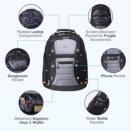 Targus Drifter II Backpack Design for Business Professional Commuter with Large Compartments, Durable Water Resistant, Hidden Zip Pocket, Protective Sleeve fits 17-Inch Laptop, Black/Gray (TSB239US)