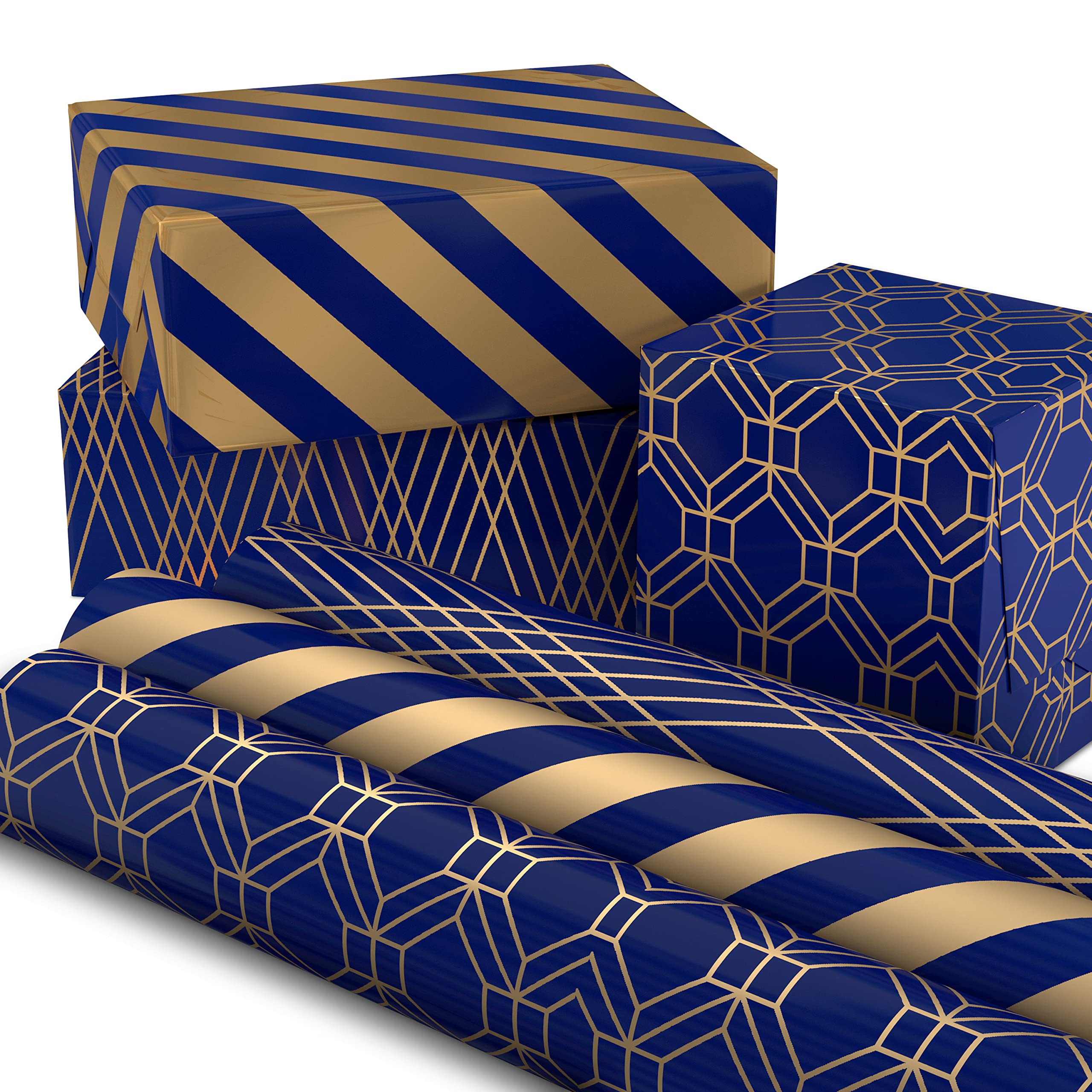 Hallmark Metallic Wrapping Paper Bundle with Cutlines on Reverse (6 Rolls: 210 Square Feet Total) Navy, Gold, Silver and White for Birthdays, Weddings, Graduations, Hanukkah, Christmas