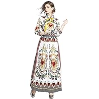 Womens Vintage 3/4 Sleeve Tie Front Paisley Print Causal A-line Party Maxi Dress