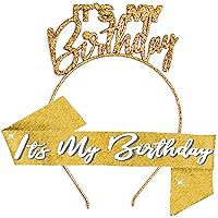 RhinestoneSash Gold Tiara and Sash for Women - SET OF 2: Gold Sparkle Its My Birthday Headband and Sash - Birthday Gifts for Women, Birthday Party Decorations - HBSash(ItMyBdy) GLD