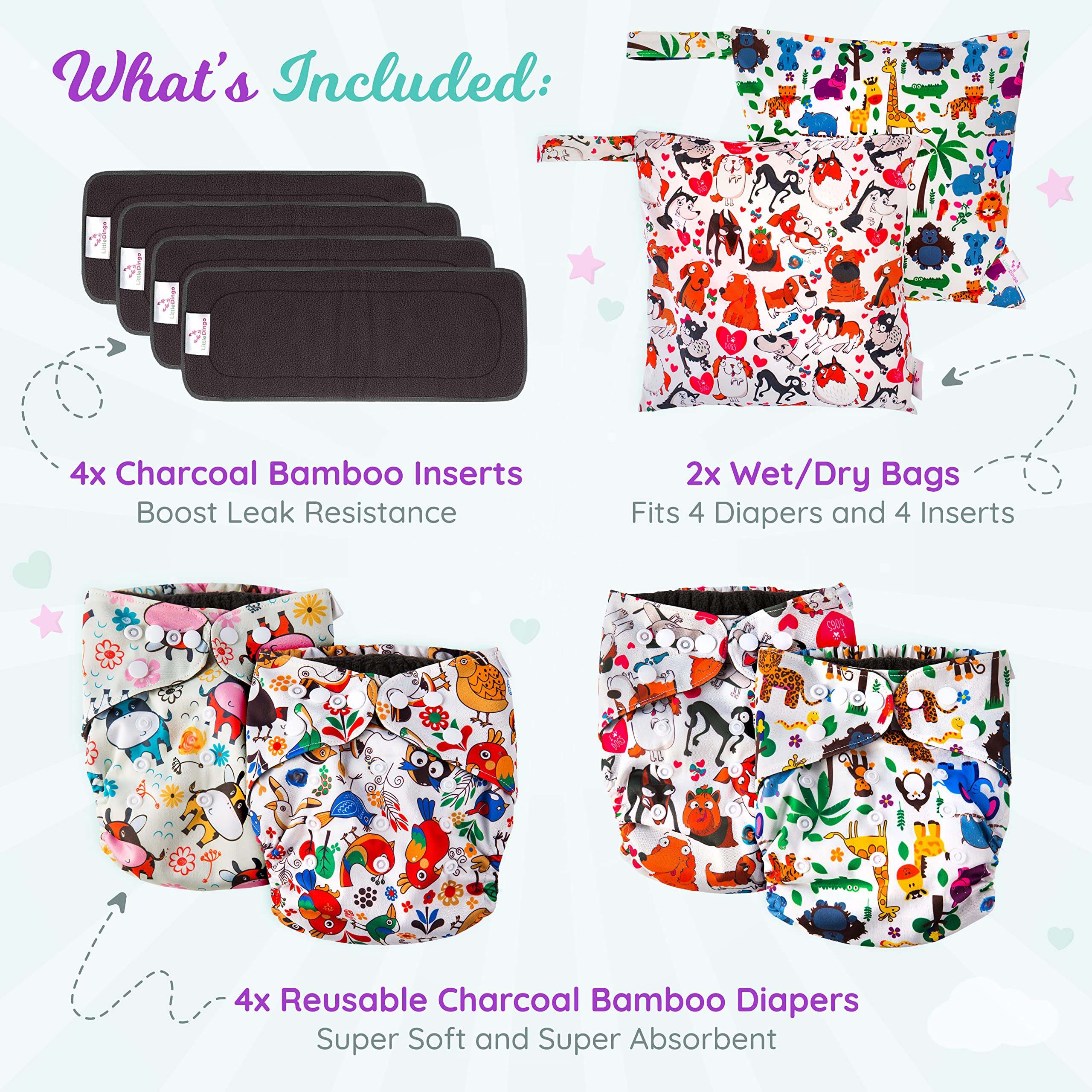 LittleDingo Reusable Cloth Diapers for Babies and Toddlers - 4 Reusable Charcoal Bamboo Diapers + 4 Charcoal Bamboo Inserts and 2 Reusable Diapers Wet Bags