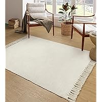 Collive Comfy Area Rug 4' x 6', White/Beige Woven Cotton Bedroom Rugs, Modern Indoor Accent Rug Floor Carpet with Tassel for Living Room, Nursery Room, Dining Room, Bedside, Office, Patio Decor
