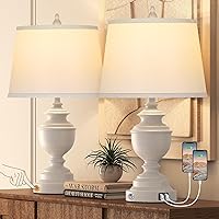 Table Lamps Set of 2, Modern Farmhouse Nightstand Lamp with USB Ports, 3-Way Dimmable Touch Control Washed White Bedside Lamps with Off-White Linen Shade for Bedroom Living Room, Bulbs Included