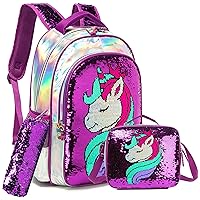 Girls Unicorn Reversible Sequin Backpack Set Magic Glitter Lightweight School Bookbag for Girls Kids Bling Backpack with Lunch Box