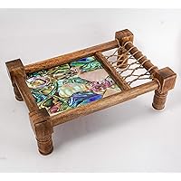 Handmade Decorative Wooden Asian Cot Tray for Snacks & Drinks - Traditional Indian Cot Decor Accent - Jute Thread Weaving – Multifunctional Tray - 16