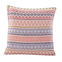 NOVICA Beige Blue Multicolor Red Cotton Floral Throw Pillow Cover from Guatemala 'Strawberry Inspiration'