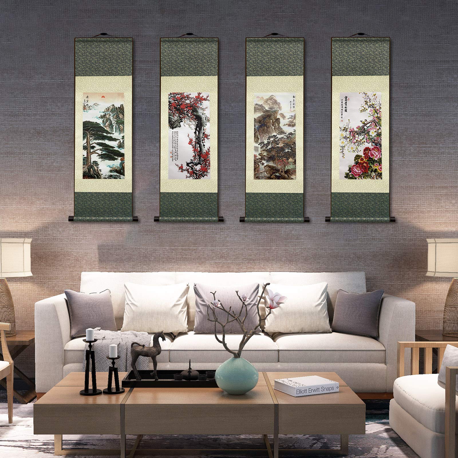 AtfArt Asian Wall Decor Beautiful Silk Scroll Painting Horse to Success - Win Instant Success Oriental Decor Chinese Art Wall Scroll Wall Hanging Painting Scroll (39 x 12 in)