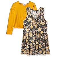Speechless Girls' Long Sleeve Tee and Tank Dress Set, Yellow/Grey, 8